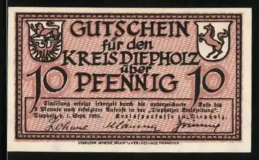 Notgeld Diepholz 1920, 10 Pfennig, Gänse auf der Weide, Wappen, Gutschein