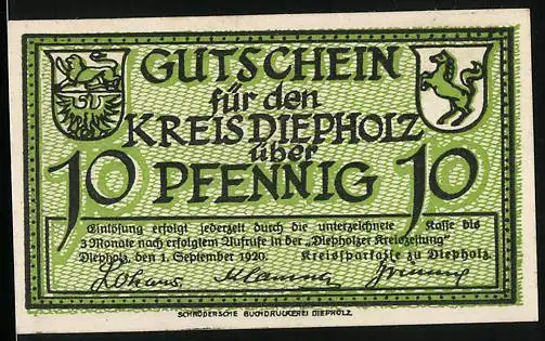 Notgeld Diepholz 1920, 10 Pfennig, Gänse auf der Weide, Wappen, Gutschein