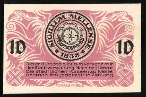 Notgeld Melle 1920, 10 Pfennig, Signatur, Gutschein