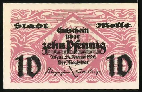 Notgeld Melle 1920, 10 Pfennig, Signatur, Gutschein