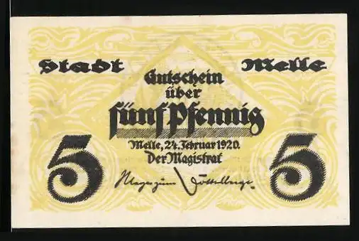 Notgeld Melle 1920, 5 Pfennig, Signatur, Gutschein