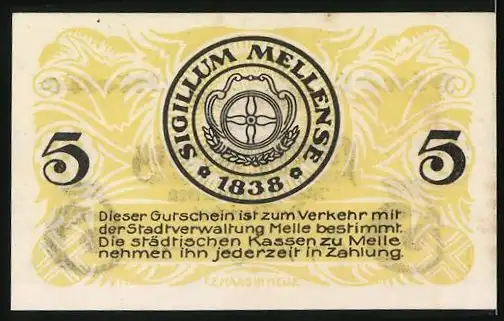 Notgeld Melle 1920, 5 Pfennig, Signatur, Gutschein