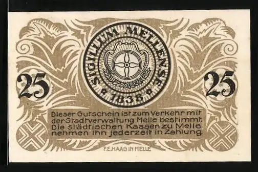 Notgeld Melle 1920, 25 Pfennig, Signatur, Gutschein