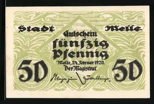 Notgeld Melle 1920, 50 Pfennig, Signatur, Gutschein