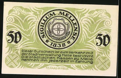 Notgeld Melle 1920, 50 Pfennig, Signatur, Gutschein