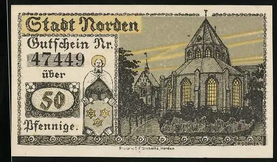 Notgeld Norden 1920, 50 Pfennig, Kirche, Gutschein
