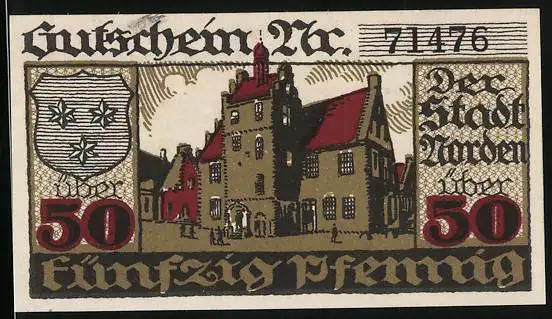 Notgeld Norden 1919, 50 Pfennig, Rathaus und Wappen, Gutschein