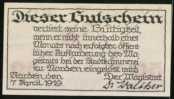 Notgeld Norden 1919, 50 Pfennig, Rathaus und Wappen, Gutschein