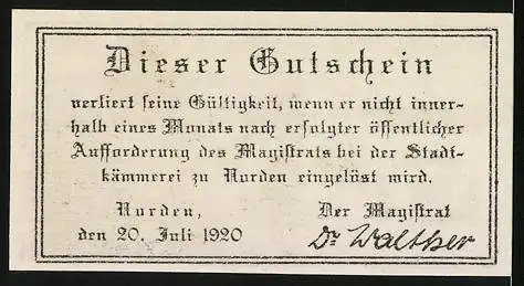 Notgeld Norden 1920, 25 Pfennig, Kirche, Gutschein