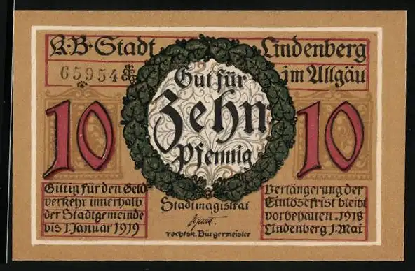 Notgeld Lindenberg i. Allgäu 1918, 10 Pfennig, Soldat mit Bajonett und Pfeife Lieb Vaterland magst ruhig sein!