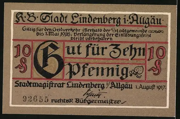Notgeld Lindenberg i. Allgäu 1917, 10 Pfennig, Soldat mit Kanone