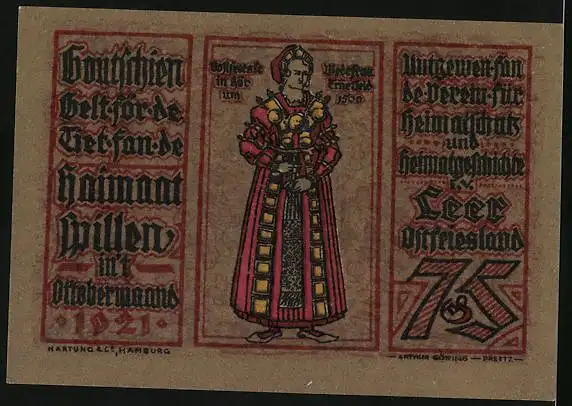 Notgeld Leer 1921, 75 Pfennig, Harderwykenburg, Frau in Tracht
