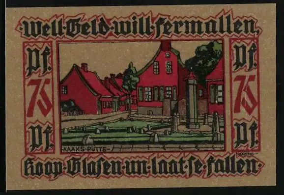 Notgeld Leer 1921, 75 Pfennig, Kaakspütte, Frau in Tracht