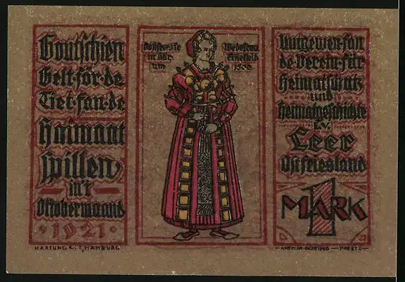 Notgeld Leer 1921, 1 Mark, Loga-Mühle, Frau in Tracht