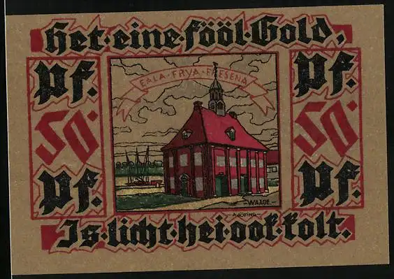 Notgeld Leer 1921, 50 Pfennig, Waage, Frau in Tracht