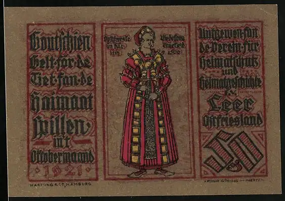 Notgeld Leer 1921, 50 Pfennig, Haneburg, Frau in Tracht