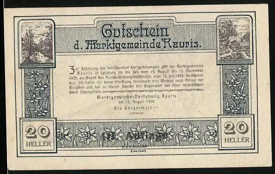Notgeld Rauris 1920, 20 Heller, Kitzlochkamm und Schareck vom Sennblick, Gutschein