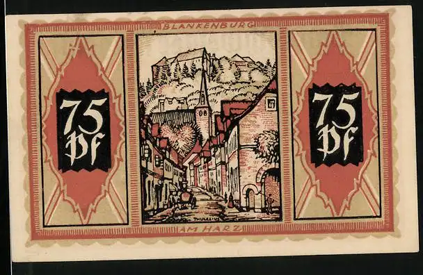 Notgeld Braunschweig 1921, 75 Pfennig, Ortspartie Blankenburg am Harz