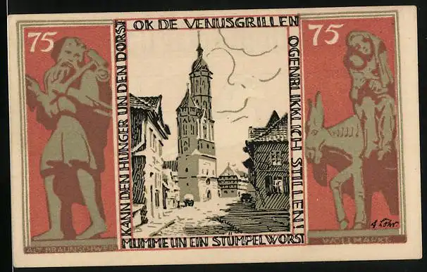 Notgeld Braunschweig 1921, 75 Pfennig, Ortspartie, Wanderer mit Hammer, Frau auf Esel