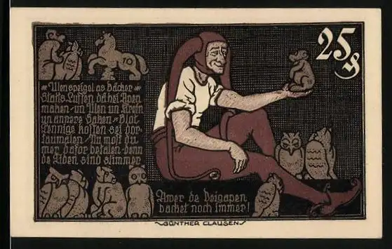 Notgeld Braunschweig 1921, 25 Pfennig, Till Eulenspiegel mit Affe in der Hand umgeben von Eulen