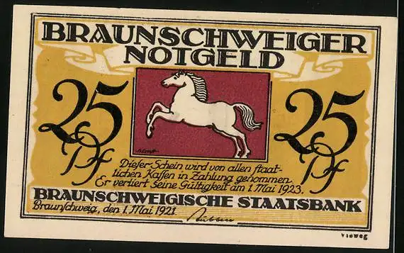 Notgeld Braunschweig 1921, 25 Pfennig, Ortspartie mit Kirche