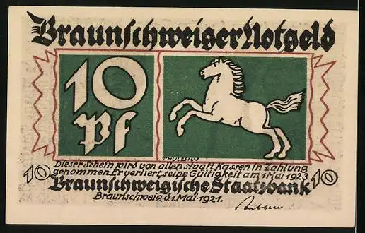 Notgeld Braunschweig 1923, 10 Pfennig, Till Eulenspiegel mit Spiegel und Eule