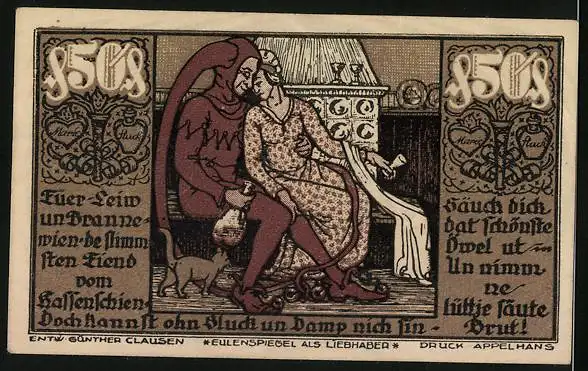 Notgeld Braunschweig 1921, 50 Pfennig, Till Eulenspiegel sitzt mit einer Frau am Kachelofen