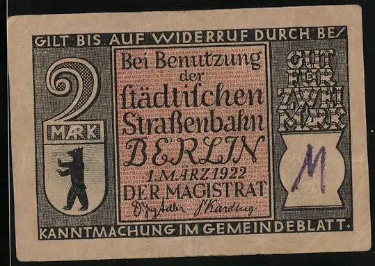 Notgeld Berlin 1922, 2 Mark, Erste Benzindroschke in Berlin 1899