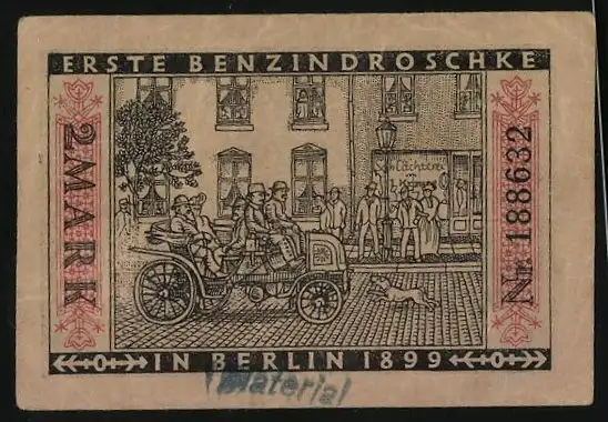 Notgeld Berlin 1922, 2 Mark, Erste Benzindroschke in Berlin 1899