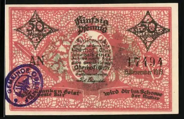 Notgeld Oberhof i. Thür. 1919, 50 Pfennig, Ortsansicht aus der Vogelschau, Signatur