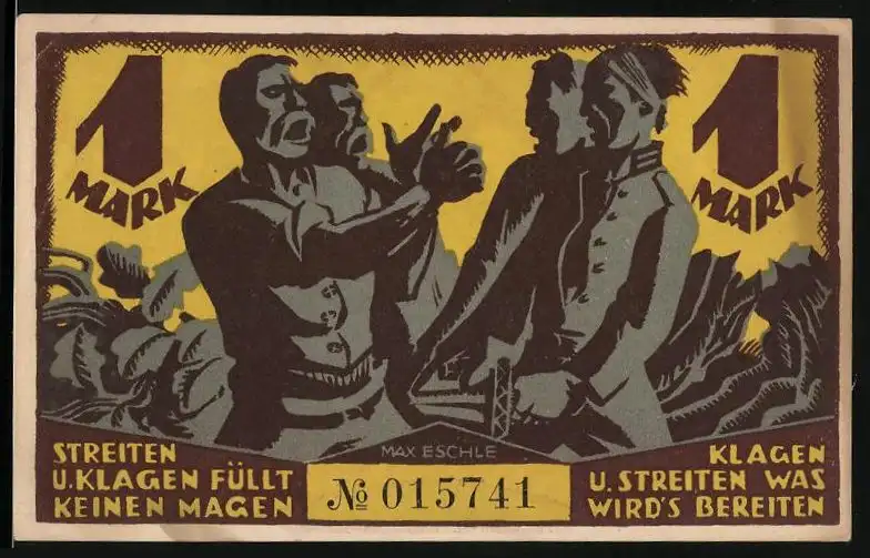 Notgeld Glauchau / Sa., 1921, 1 Mark, Männer im Streit, Frau pflanzt einen Baum, Spende