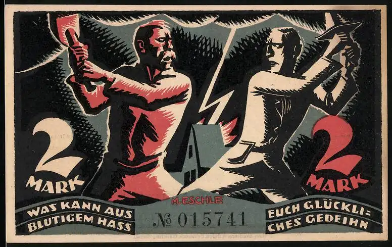 Notgeld Glauchau / Sa. 1921, 2 Mark, Männer im Kampf, Blitz schlägt in ein Haus ein, Spende