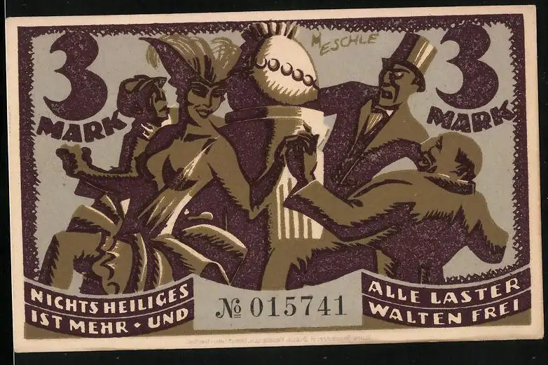 Notgeld Glauchau / Sa. 1921, 3 Mark, Abendgesellschaft beim Tanz, Spende