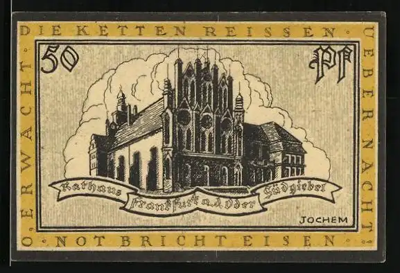 Notgeld Frankfurt a. O., 50 Pfennig, Rathaus und Wappen
