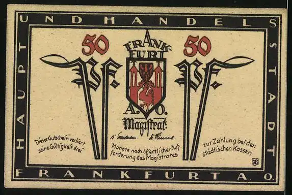 Notgeld Frankfurt a. O., 50 Pfennig, Rathaus und Wappen