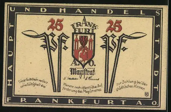Notgeld Frankfurt a. O., 25 Pfennig, Rathaus und Wappen