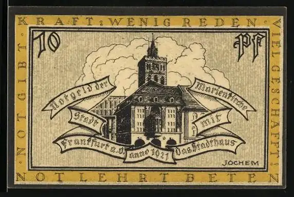 Notgeld Frankfurt a. O., 10 Pfennig, Marienkirche und Stadthaus, Wappen