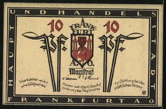Notgeld Frankfurt a. O., 10 Pfennig, Marienkirche und Stadthaus, Wappen