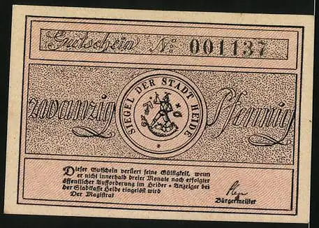 Notgeld Heide, 20 Pfennig, Bildnis des Ehrenbürgers Klaus Groth, Gutschein