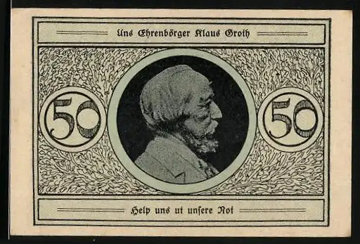 Notgeld Heide, 50 Pfennig, Bildnis des Ehrenbürgers Klaus Groth, Gutschein