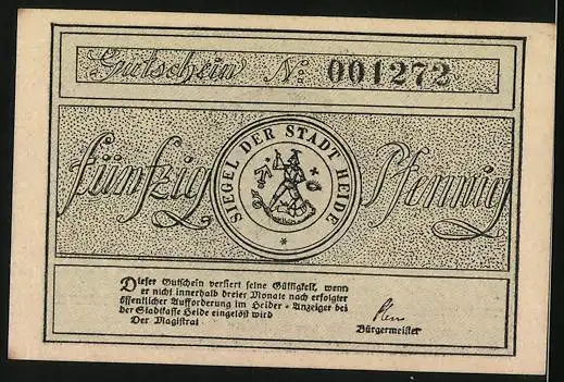 Notgeld Heide, 50 Pfennig, Bildnis des Ehrenbürgers Klaus Groth, Gutschein