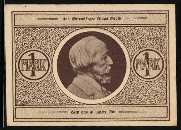 Notgeld Heide, 1 Mark, Bildnis des Ehrenbürgers Klaus Groth, Gutschein