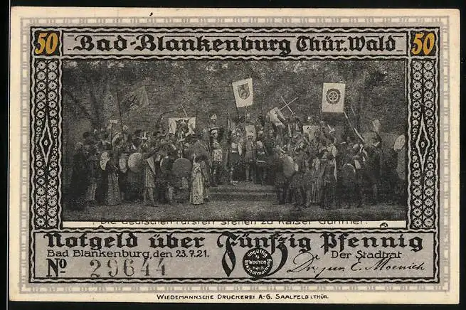 Notgeld Bad Blankenburg / Thür. Wald 1921, 50 Pfennig, Burg Greifenstein mit Ritter, Kaiser Günthers Treueschwur