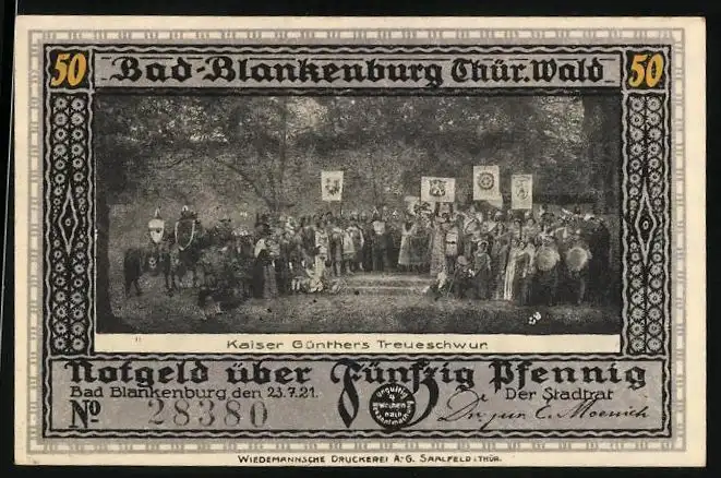Notgeld Bad Blankenburg / Thür. Wald 1921, 50 Pfennig, Burg Greifenstein mit Ritter, Kaiser Günthers Treueschwur