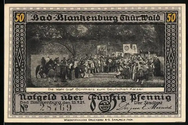 Notgeld Bad Blankenburg / Thür. Wald 1921, 50 Pfennig, Burg Greifenstein mit Ritter, Wahl Graf Günthers zum Dt. Kaiser