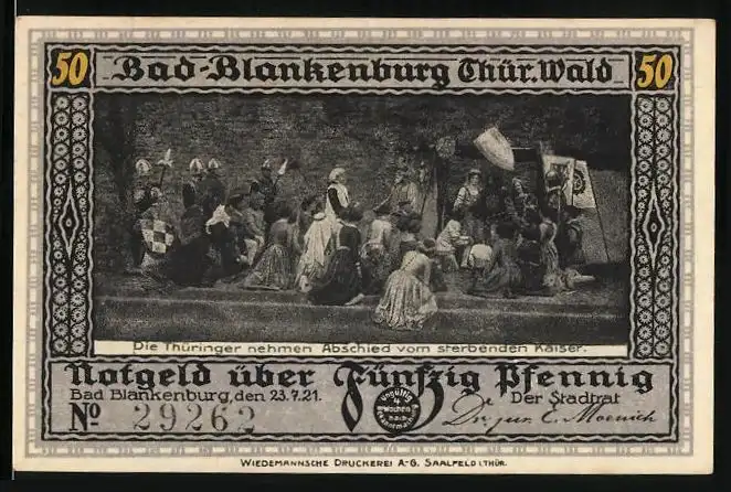 Notgeld Bad Blankenburg / Thür. Wald 1921, 50 Pfennig, Burg Greifenstein mit Ritter, Abschied vom sterbenden Kaiser