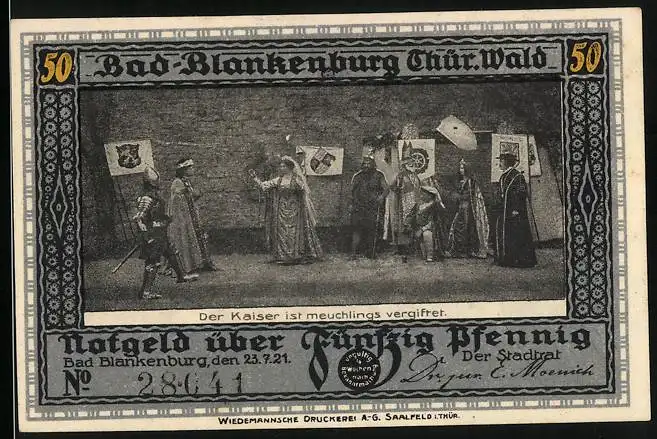 Notgeld Bad Blankenburg / Thür. Wald 1921, 50 Pfennig, Burg Greifenstein mit Ritter, Kaiser ist meuchlings vergiftet