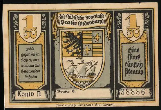 Notgeld Brake (Oldenburg), 1 Mark 50 Pfennig, Grab Admiral Karl Rudolf Brommy, Wappen