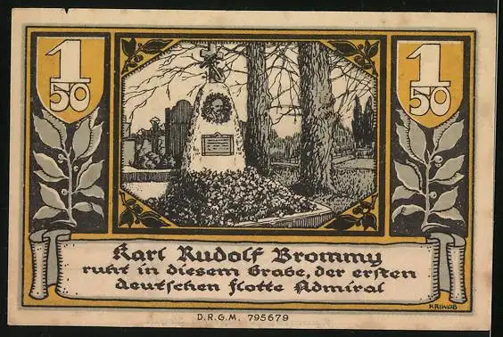 Notgeld Brake (Oldenburg), 1 Mark 50 Pfennig, Grab Admiral Karl Rudolf Brommy, Wappen