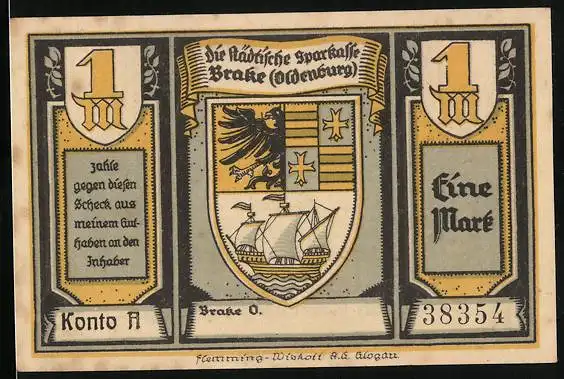 Notgeld Brake (Oldenburg), 1 Mark, Hafenansicht und Wappen